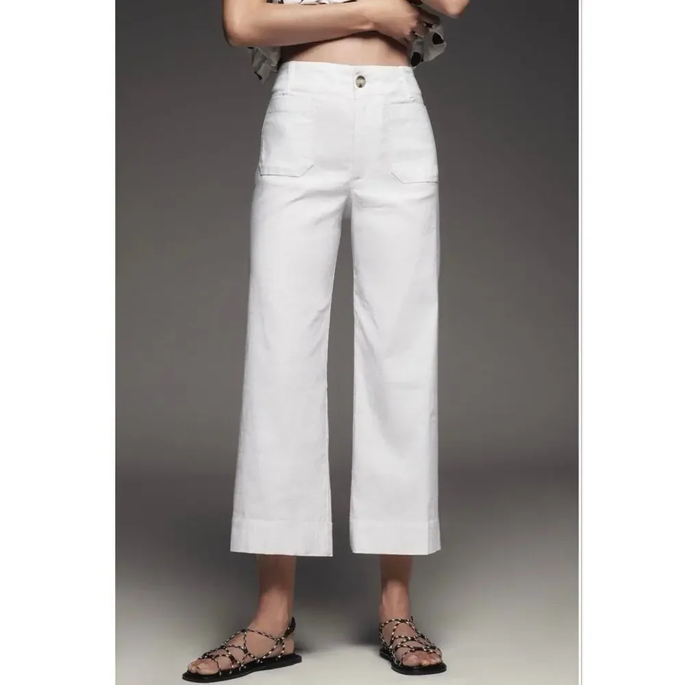 Anthropologie Maeve Colette White Cotton Blend Cropped Wide-Leg Pants Size 26P